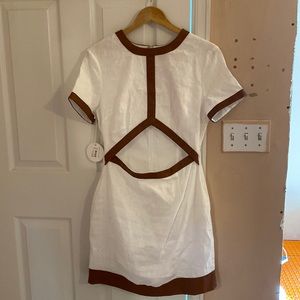 Staud white dress with cutout and leather trim